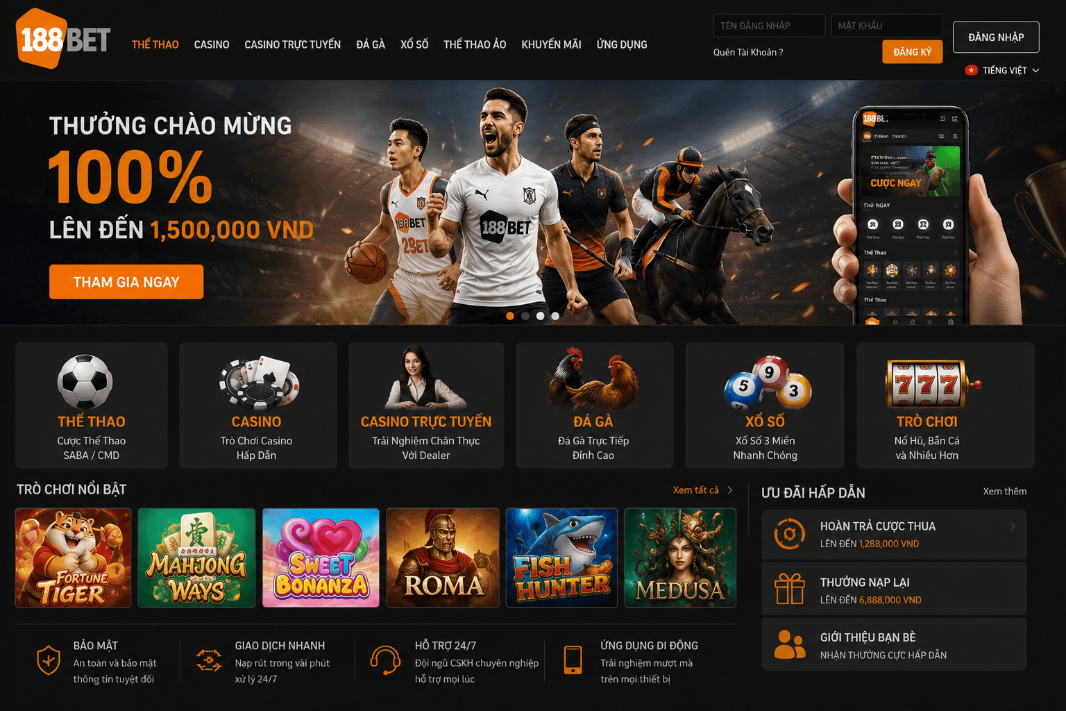 Giao diện trang chủ 188BET với các danh mục cá cược trực tuyến nổi bật