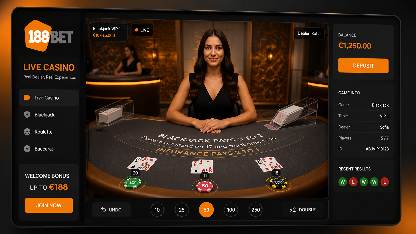 Giao diện Live Casino trực tuyến tại 188BET